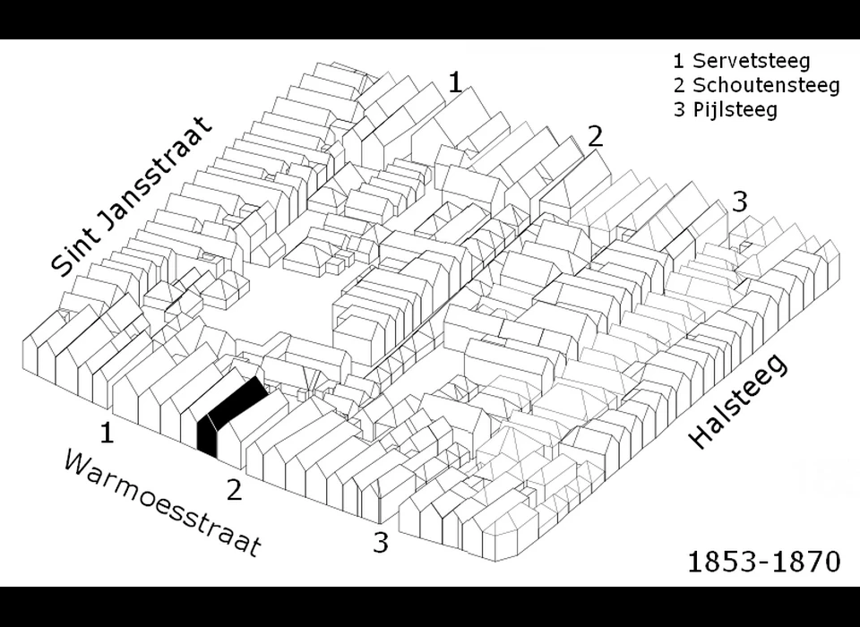 situatieschets 1853-1870 Warmoesstraat 183 Nieuwe Poolsche Koffijhuis