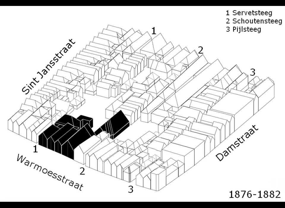 situatieschets 1876-1882 Warmoesstraat 177-183 met de eerste uitbreidingen tot de Servetsteeg