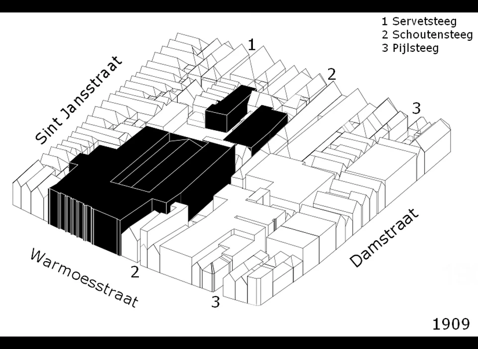 situatieschets 1909 Warmoesstraat 173-183