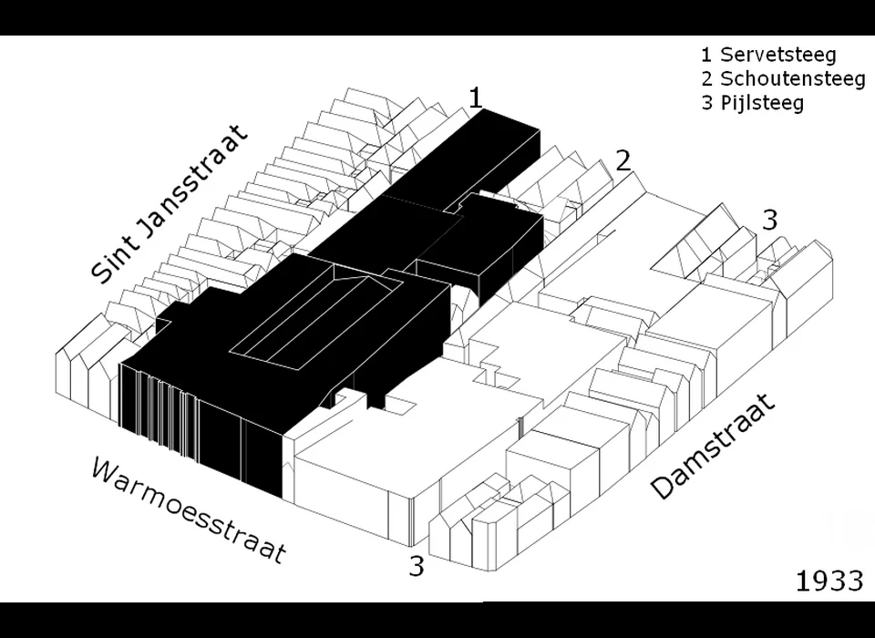 situatieschets 1933 Warmoesstraat 173-183 doorgetrokken tot Oudezijds Voorburgwal