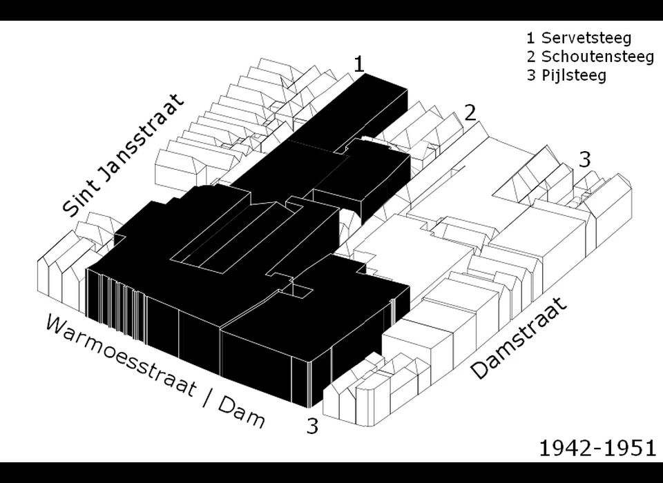 situatieschets 1942-1951 In deze periode worden alle panden vanaf de Schoutensteeg tot de Pijlsteeg verworven.