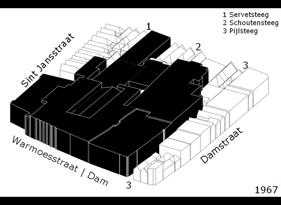 situatieschets 1967 De gehele gevelwand van Warmoesstraat 167 tot en met 199 is Krasnapolsky geworden. Tevens zijn alle nummers voorbij 185 opgeheven en hernummerd als Dam 9.