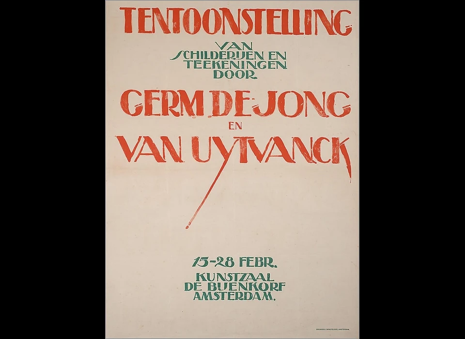 Dam 1 De Bijenkorf biedt kunstenaars tentoonstellingsruimte in de Kunstzaal. Affiche voor Germ de Jong en Van Uytvanck.