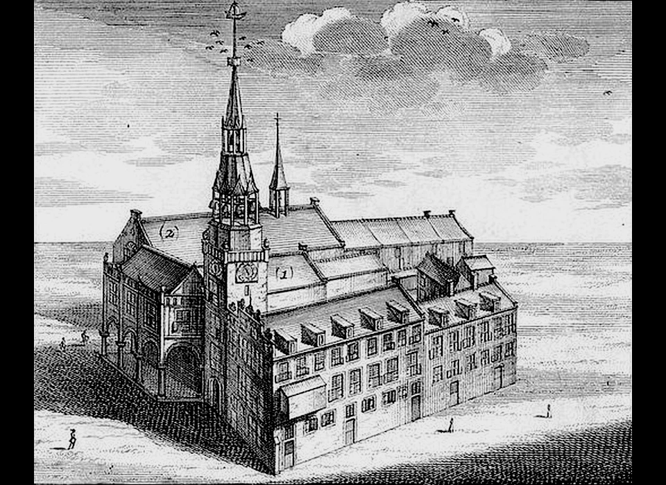 Dam, 1 = toren links van het oudste deel van het stadhuis, links van de toren de Vierschaar, 2 = voormalig Elisabeth Gasthuis (1544)