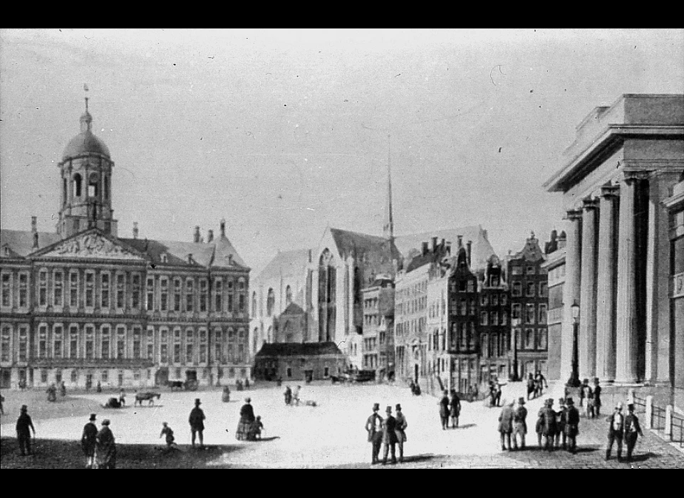 Dam met Beurs van Zocher, Nieuwe Kerk en Koninklijk Paleis (ca.1860)