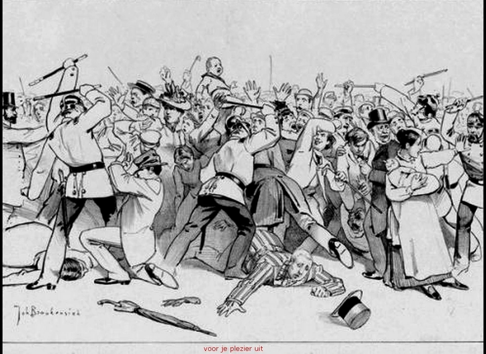 De festiviteiten ontaardden in het Taptoeschandaal waarbij de politie de toeschouwers te lijf gaat. (1891)
