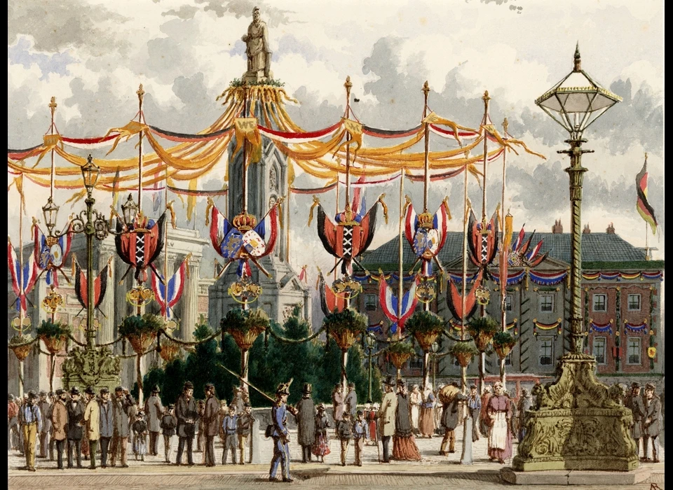 Versiering op de Dam ter gelegenheid van het huwelijk van Emma en koning Willem III (1879)