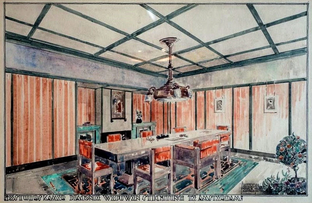Eerste Hugo de Grootstraat 13 Weduwenhof bestuurskamer aquarel Fred.B.Frantzen (1923)