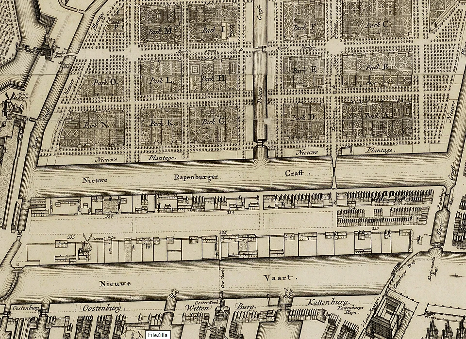 Amsterdam 1730 detail plattegrond bebouwing langs Nieuwe Rapenburgergracht (Gerrit de Broen)