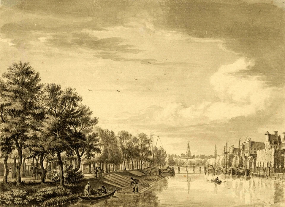 Entrepotdok vanaf Plantage Muidergracht als Nieuwe Rapenburgergracht, links tegenwoordig Natura Artis Magistra (Jan de Beijer (1703-1780), ca.1755)