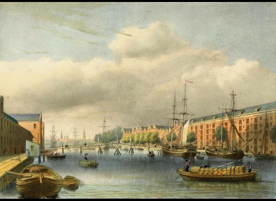 Entrepotdok vanaf Plantage Muidergracht met brug voor Plantage Kerklaan (1832)