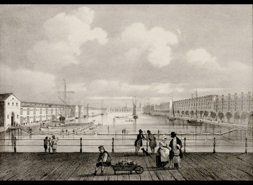 Entrepotdok vanaf Plantage Muidergracht, links is pakhuisbebouwing aan de Plantage Doklaan (Paulus Lauters (1806-1875), ca.1840)