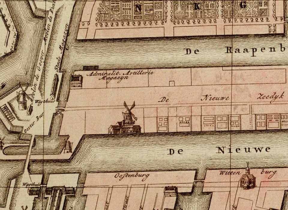 Amsterdam detail plattegrond met geschutswerf van de Admiraliteit aan de Hoogte Kadijk eerder Nieuwe Zeedijk geheten (Cornelis van Baarsel 1833)