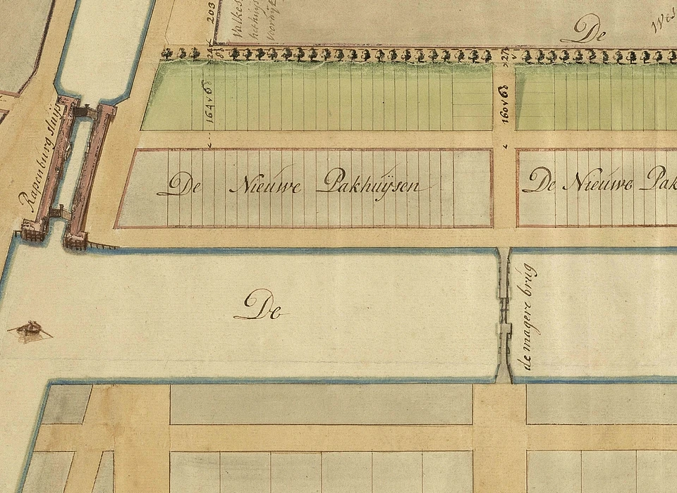 Entrepotdok 1716 detail plattegrond water Entrepotdok met 'magere brug' voor Plantage Kerklaan (Maurits Walraven)