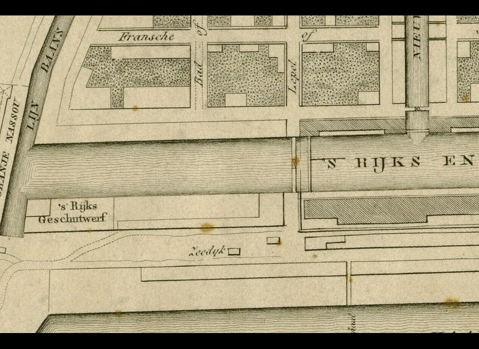 Amsterdam detail plattegrond met geschutswerf van de Admiraliteit aan de Hoogte Kadijk (Daniël Veelwaard jr. 1830)