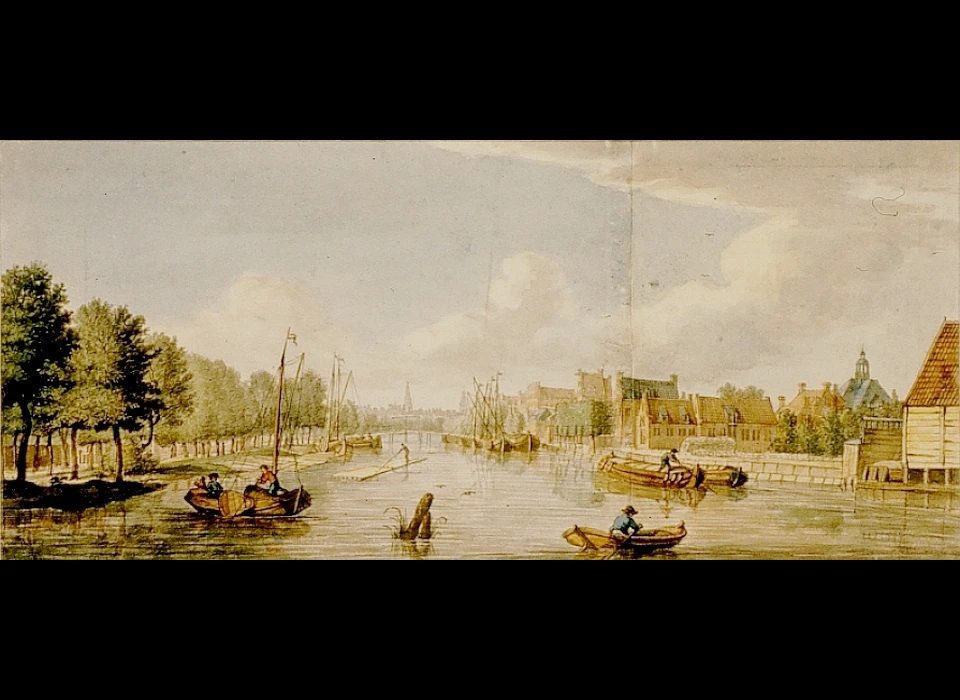 Entrepotdok vanaf Plantage Muidergracht als Nieuwe Rapenburgergracht, rechts de Oosterkerk, midden de Oudekerk (Jan de Beijer, 1732)