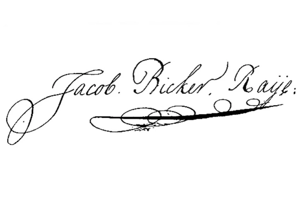 Handtekening Jacob Bicker Raye, hij noteerde in zijn dagboek het volgende:<br />Verleden jaar had de manhafte kolonel van de schutterij, Mr. Jan van Loon het ongeluk gehad zijn been te breken en nu moest het eindelijk afgezet worden. De operatie was niet bepaald pijnloos en wij willen gaarne gelooven, dat S. Ed. onbeschrijfelijke pijnen geleden heeft, maar hij heeft dat alles met een bewonderenswaardige kloekmoedigheid geduldig uitgestaan, wat men ook van een manhaften kolonel verwachten mag. Zelfs toen de operatie van het afzetten geschied was en men bevond, dat het been was aangestoken, waarom de chirurgijn voor de tweede maal er nog een heele schijf af moest zagen, dat natuurlijk weer verschrikkelijk pijn deed, had Sijn Edl. geen kik gegeven. De kolonel heeft overigens geen nadeelige gevolgen van de operatie gehad, want hij heeft nog bijna dertig jaar geleefd en is eerst in 1763, op 86-jarigen leeftijd, overleden. Ook belette het hem niet kolonel van de burgerij te blijven.