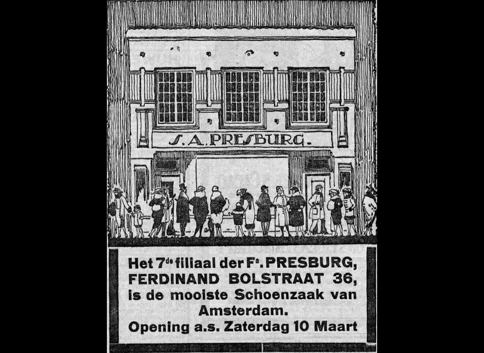 Ferdinand Bolstraat 36 1923 Presburg openingsadvertentie