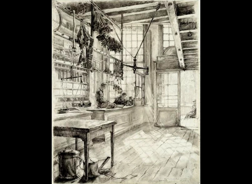 Geldersekade 8 winkelinterieur scheepsvictualiën (tekening Hofker) (1936)