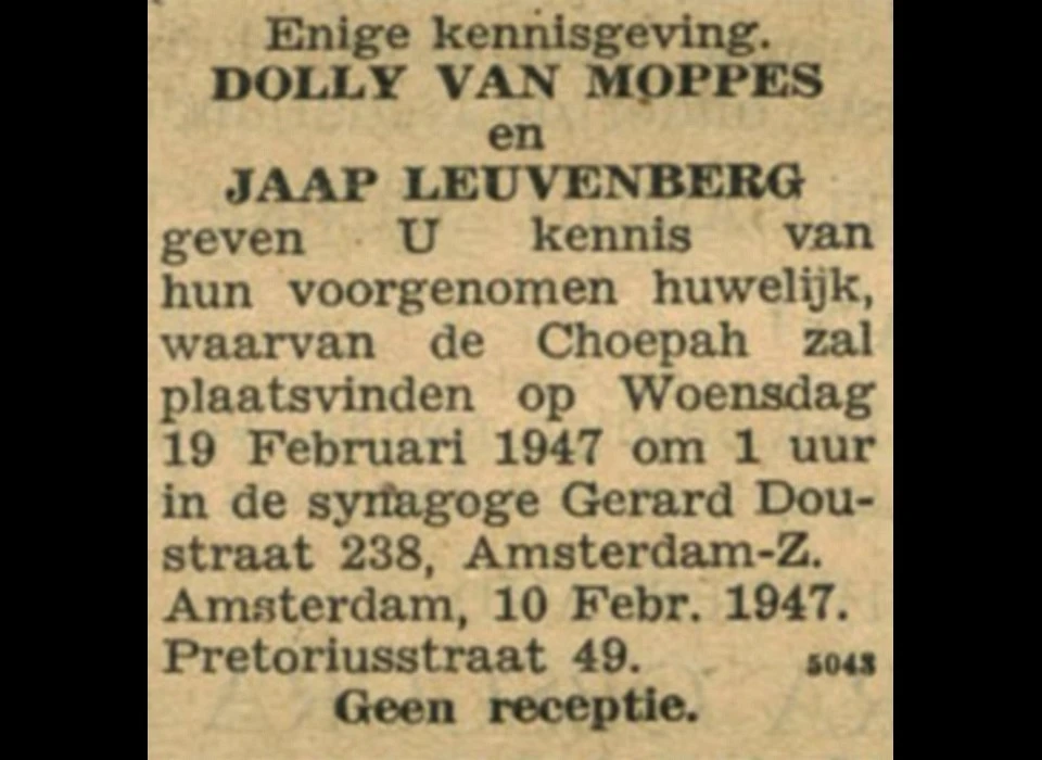 Gerard Doustraat 238 sjoel huwelijksaankondiging (1947)