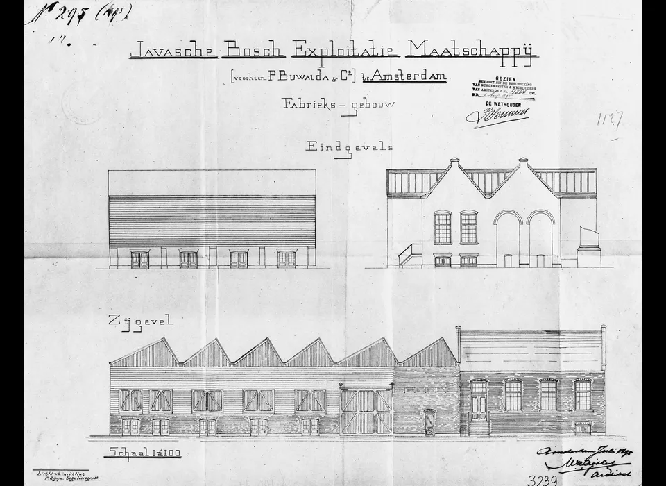 Grasweg 30 bouwtekening gevels houtzagerij Javasche Bosch Exploitatie Maatschappij (1895)