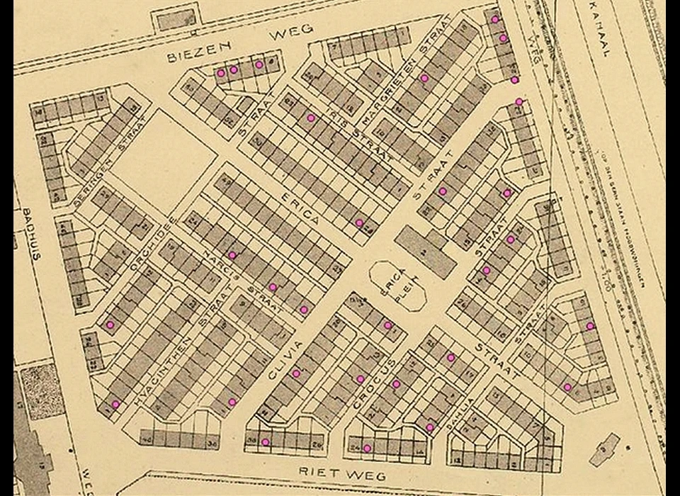 Obeltdorp plattegrond, rode stippen zijn adressen van (markt)kooplieden (1920)