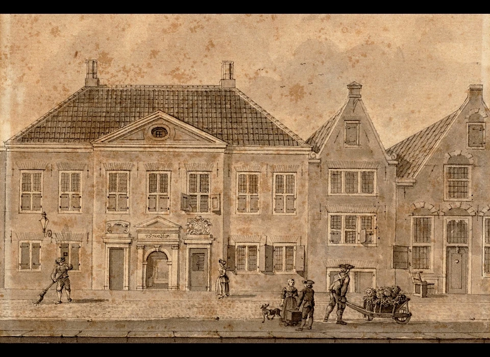 Verwersgracht (Groenburgwal 42-44) toegangsgebouw Staalhof links Zijdehal, aansluitend dienstwoning Lakenhal, tekening H.P.Schouten (1771)