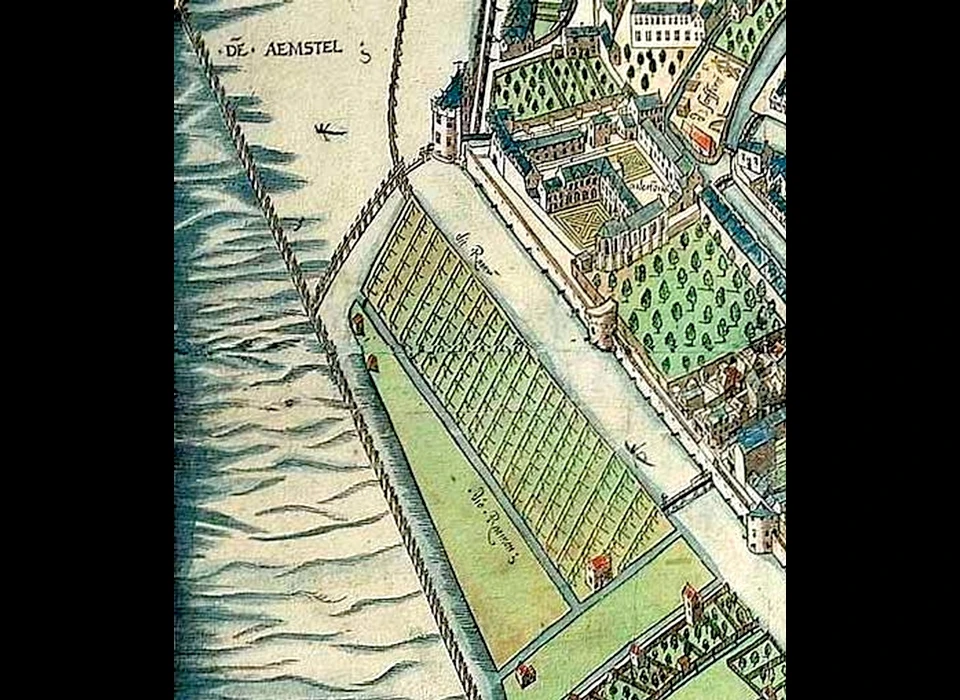 Groenburgwal kaartdetail van plattegrond door Cornelis Anthonisz met schuin de Kloveniersburgwal en naar linksonder de ramen (1544)