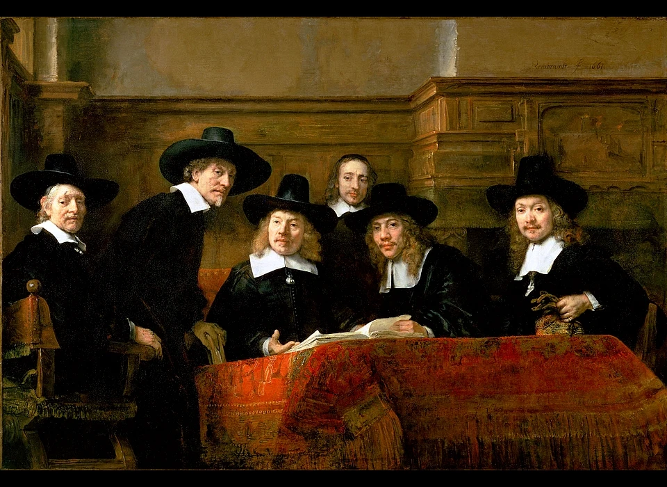 Groenburgwal 42 in de Lakenhal hing het schilderij van Rembrandt van Rijn uit 1662 De Staalmeesters (1980)