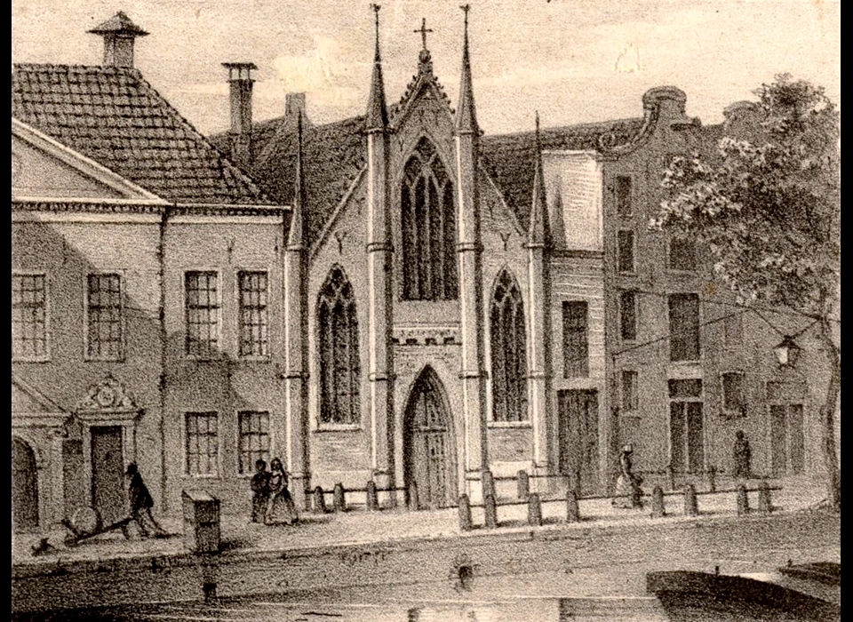 Groenburgwal 42 front Engelse Episcopale kerk op de plaats van de dienstwoning bij de Zijdehal en woonhuis Hendrick de Keyser (1840)
