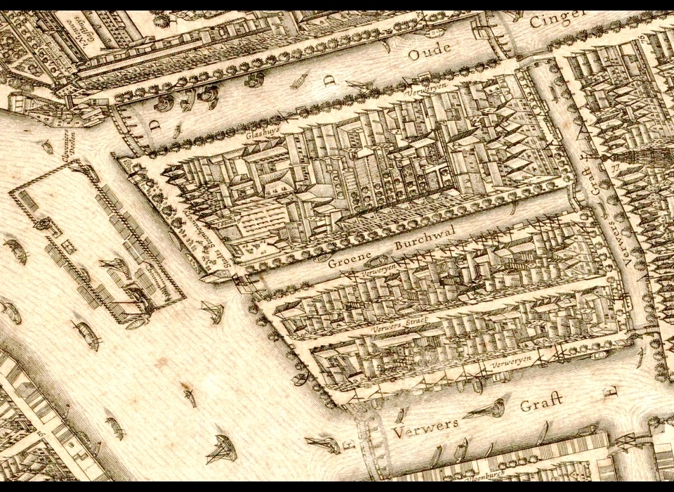 Groenburgwal kaartdetail van plattegrond door Balthasar Florisz. van Berckenrode met boven de Kloveniersburgwal en links de Amstel, het eilandje zal later het stukje terrein tussen Staalstraat en 's-Gravelandseveer worden (1625)
