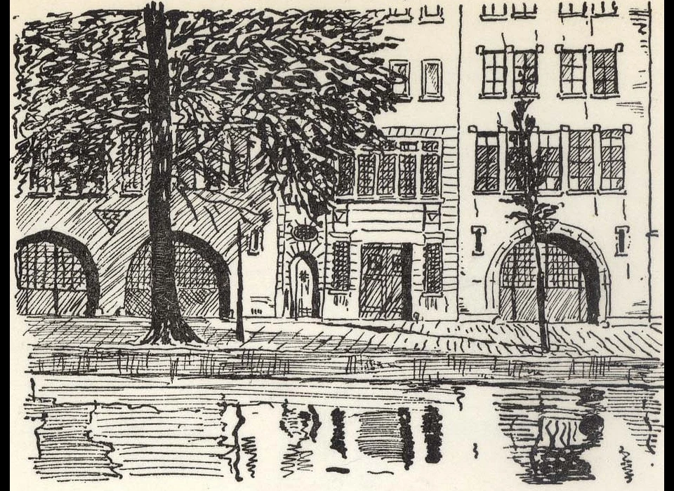 Groenburgwal 7-13 tekening van de Leeuwenbergpanden op de menukaart ter gelegenheid van een 25-jarig jubileum van de directie (1958)