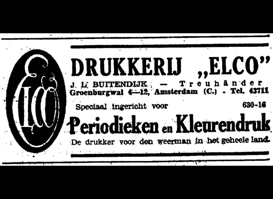Groenburgwal 4-12 advertentie drukkerij Elco in De zwarte Soldaat, blad voor de WA (1942)
