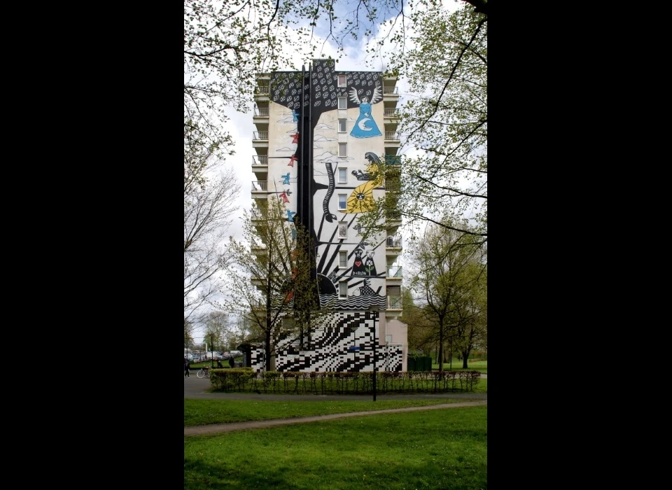 Haag en Veld 91-136 zijkant flat kunstwerk door Derlon (2015)