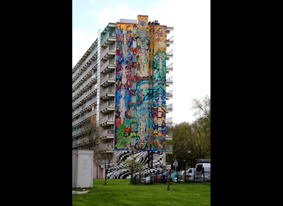 Haag en Veld 146-191 zijkant flat kunstwerk van Ramon Martins (2015)