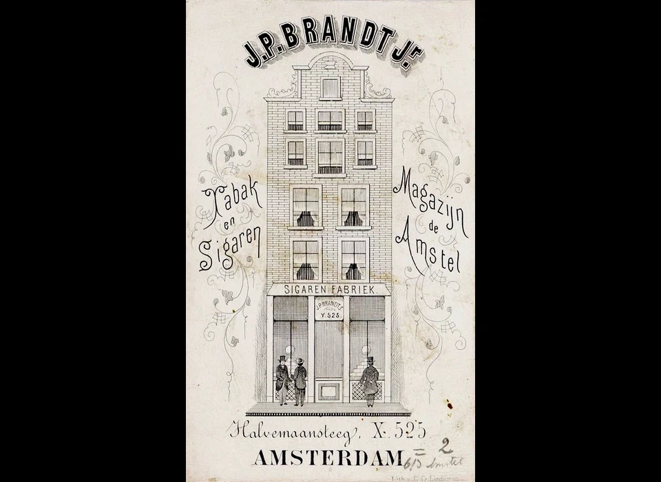 Halvemaansteeg 2 Lindeman Sigarenfabriek J.P.Brandt Jr. adreskaart met juiste (Y525) en foute (X525) adressering (circa.1860)