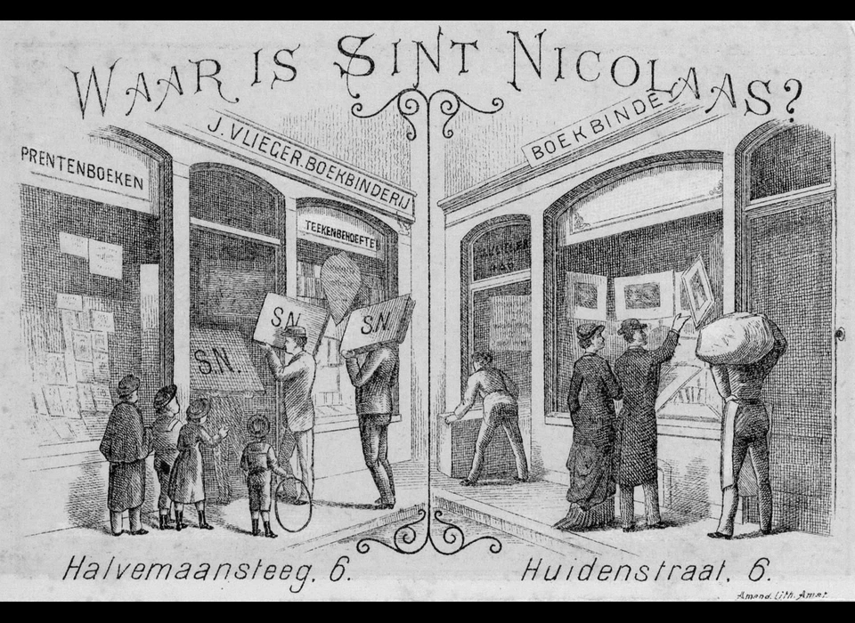 Halvemaansteeg 6 Gustave Amand ontwierp deze reclameplaat bij het 20-jarig bestaan van Vlieger (1899)
