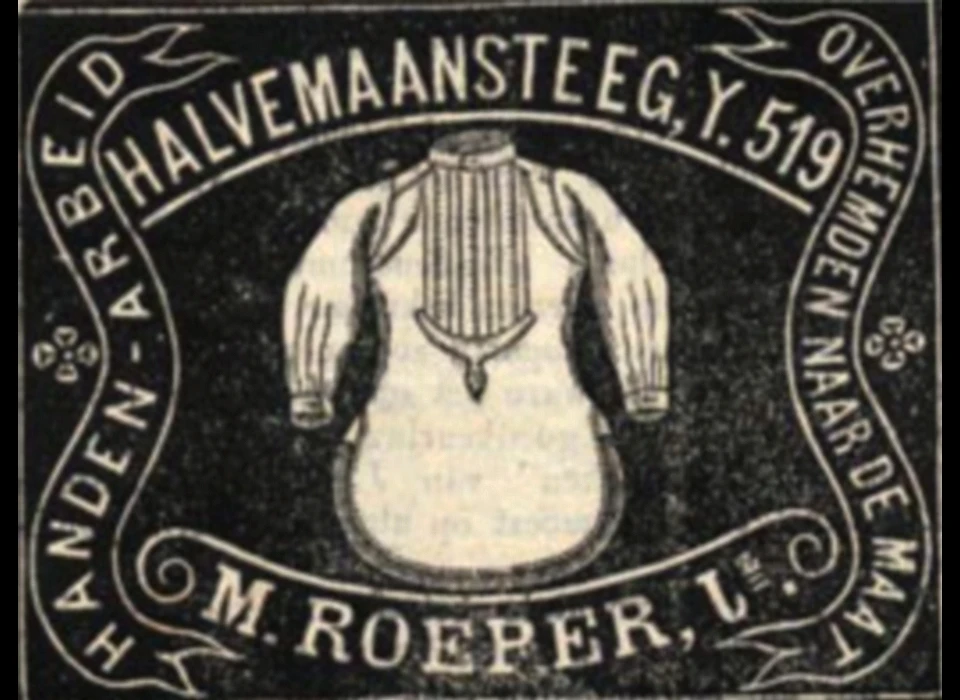 Halvemaansteeg 11 advertentie firma Roeper, adres aangeduid als Y519 (1850)