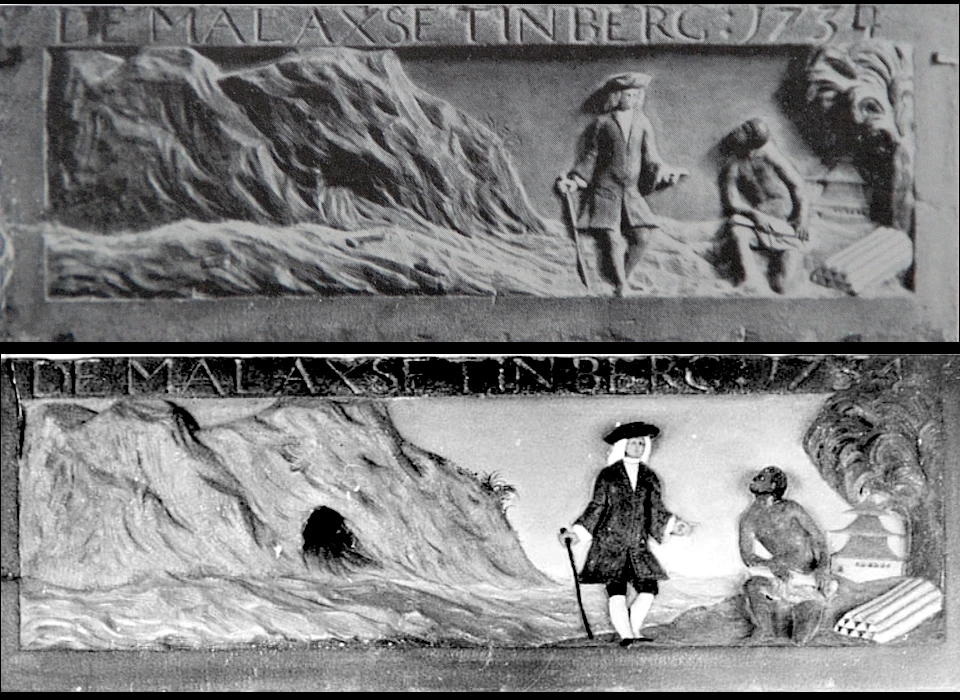 Halvemaansteeg 10 gevelsteen De Malaxse Tinberg 1734 bovenste afbeelding originele steen, onderste afbeelding de kopie-steen (1950)