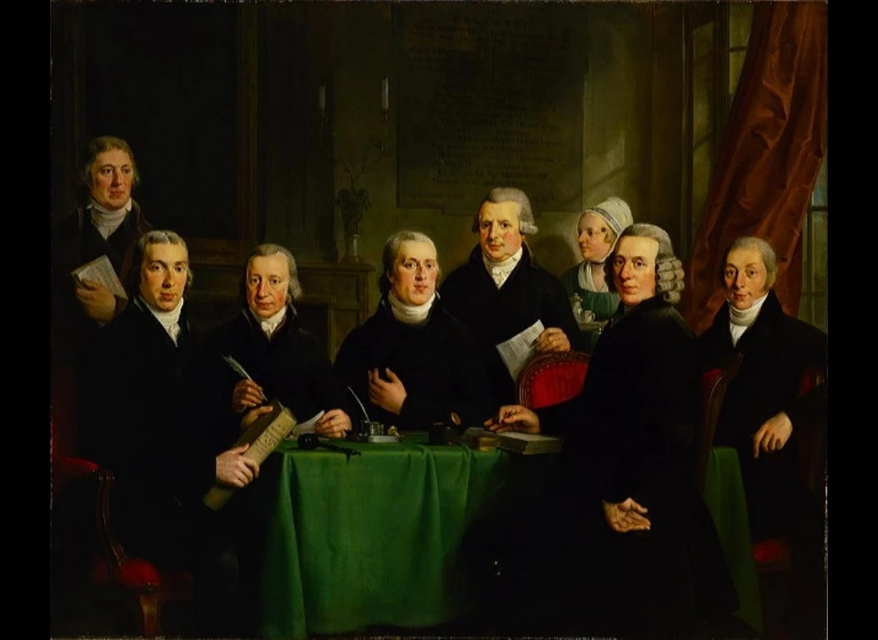 Herengracht 466  Regenten van het Nieuwezijds Huiszittenhuis voor de tafel zit Jolle (A.de Lelie) (1799)