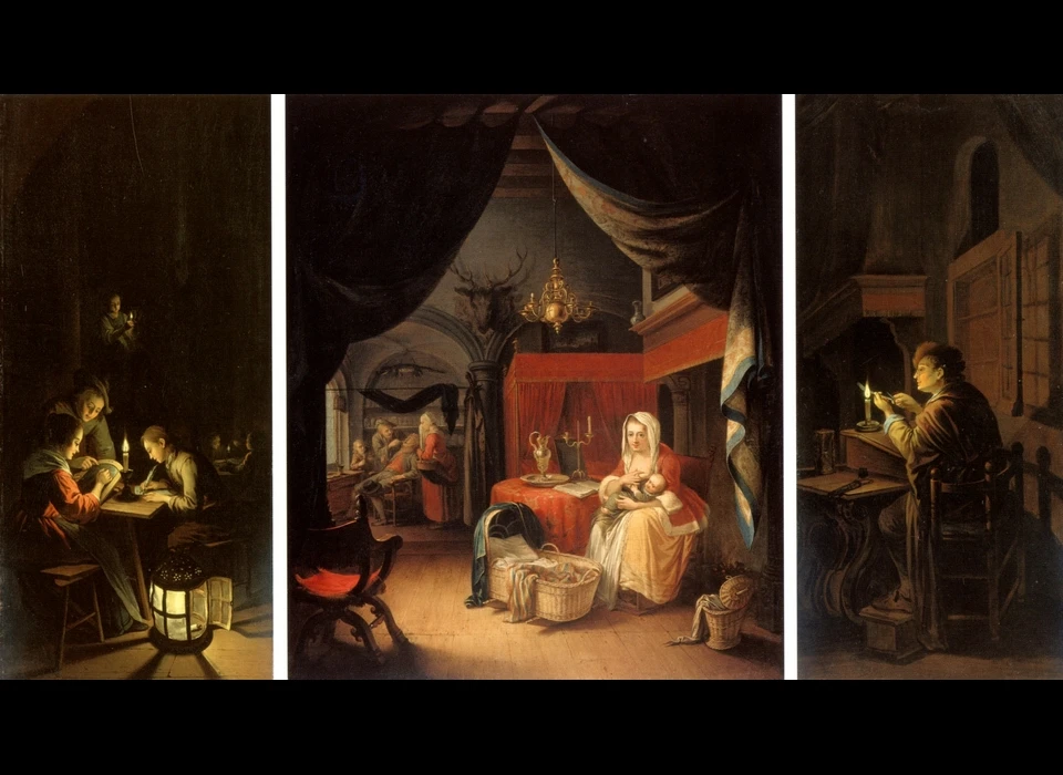 Herengracht 462 drieluik allegorie op het kunstonderwijs (Willem Joseph Laquy (1738-1798)) naar het verloren gegane origineel van Gerard Dou
