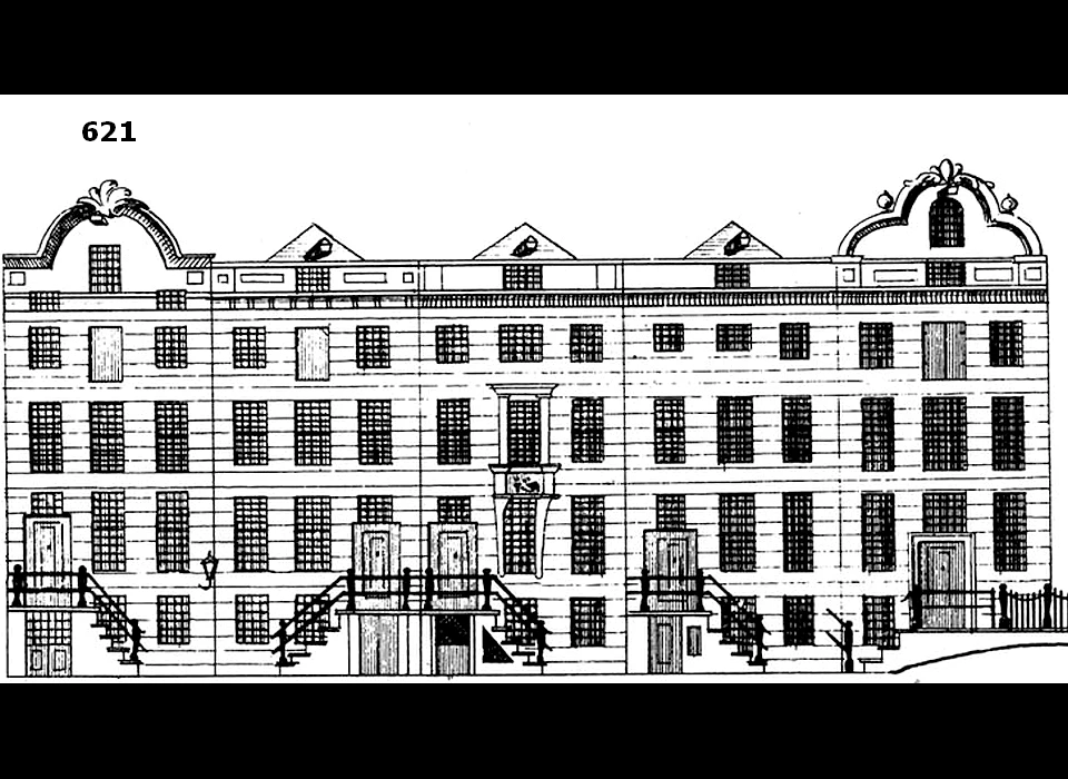 Herengracht 621-629 tekening uit Grachtenboek van Caspar Philips (1768)