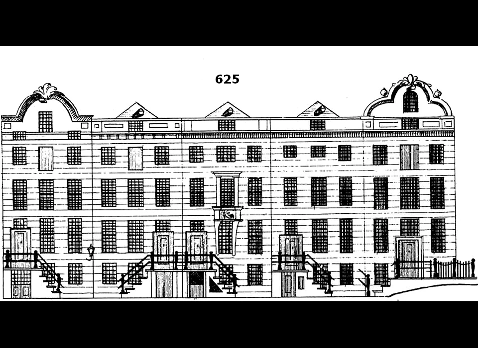 Herengracht 621-629 tekening uit Grachtenboek van Caspar Philips (1768)