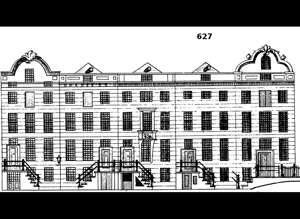 Herengracht 621-629 tekening uit Grachtenboek van Caspar Philips (1768)