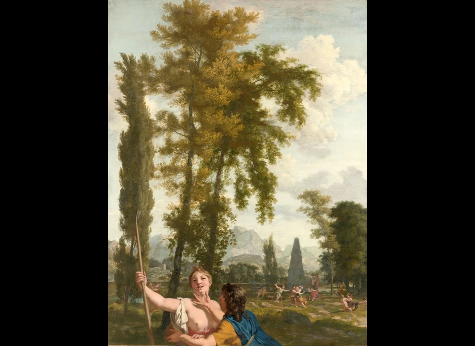 Italiaans landschap met op de voorgrond een minnekozend herderspaar en hoge bomen. Rechts op de achtergrond meer stoeiende herders en herderinnen bij een obelisk. (Johannes Glauber, Gerard de Lairesse, ca.1685)