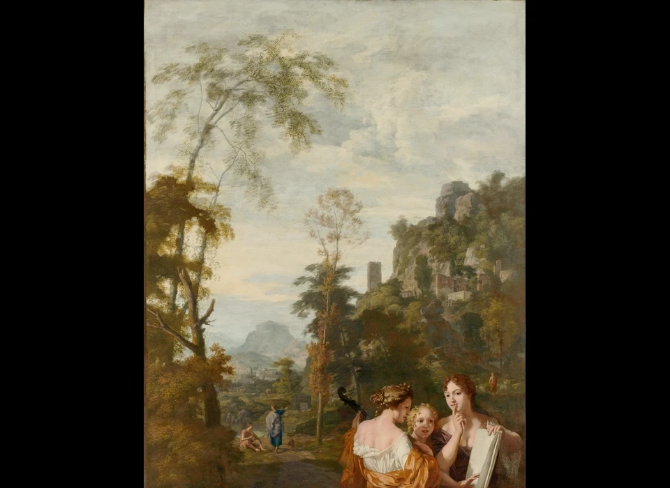Italiaans berglandschap rechts op de voorgrond een groepje van drie musicerende vrouwen. Links, meer naar achteren, twee herders. Rechts een dorp en kasteel op een berghelling. (Johannes Glauber, Gerard de Lairesse, ca.1685)