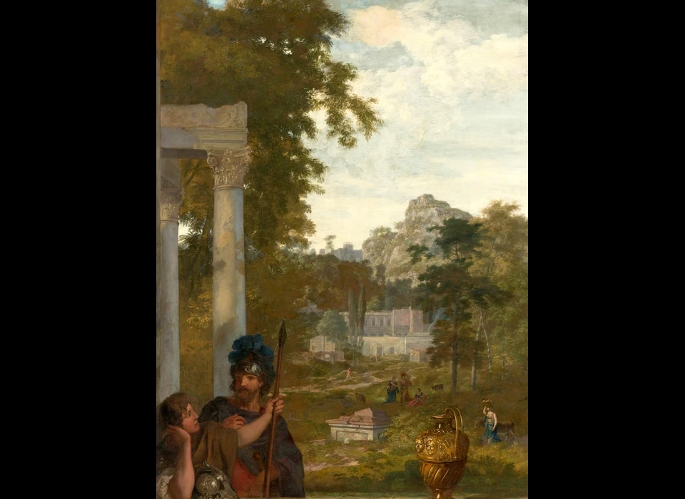 taliaans landschap met op de voorgrond een balustrade met twee Romeinse soldaten en een metalen vaas. Links zuilen van een antieke ruïne, op het middenplan een bouwwerk en verschillende vrouwen. (Johannes Glauber, Gerard de Lairesse, ca.16850)