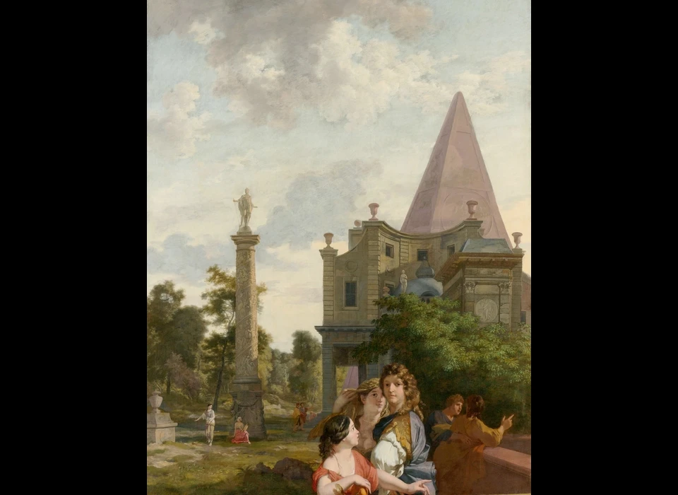 Italiaans landschap met op de voorgrond een groepje van drie vrouwen. Op het middenplan een grote villa voor een piramide en links een zuil met reliëfwerk. (Johannes Glauber, Gerard de Lairesse, ca.1685)