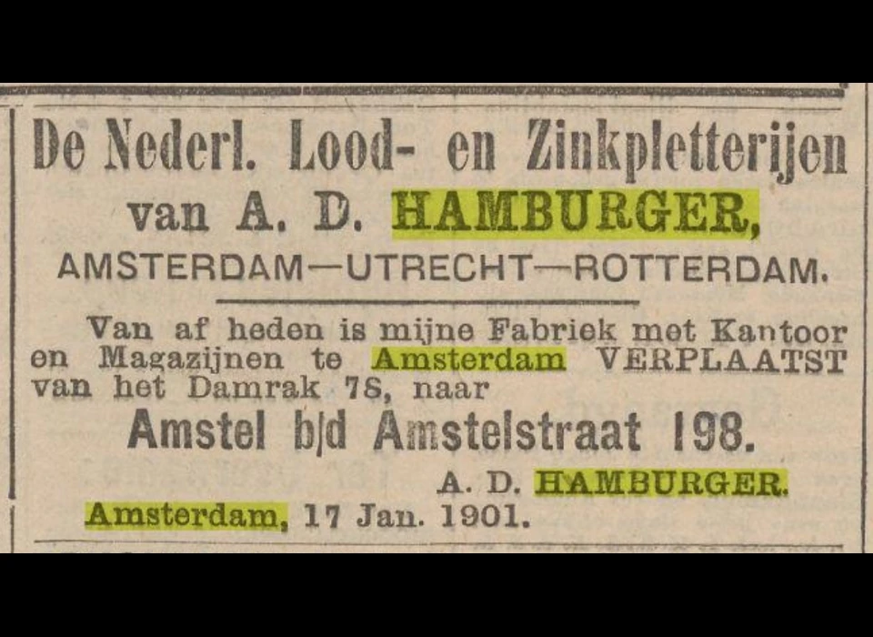 Verhuisbericht van Nederlandsche Lood- en Zinkpletterijen van A.D.Hamburger nog voor zijn vestiging aan de Herengracht (1901)