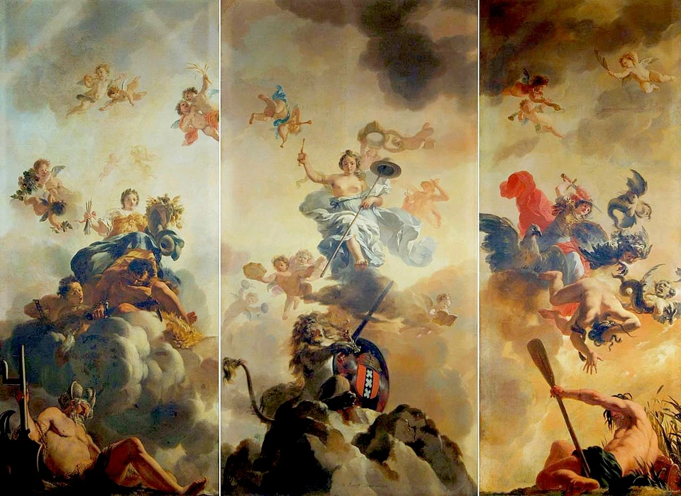 Vredespaleis, Ferdinand Bolzaal, plafond afkomstig van Herengracht 446 door Gerard de Lairesse v.l.n.r. Veiligheid, Vrijheid en Eendracht